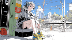 駅のプラットフォームに腰掛けて考え事をしている若い女性