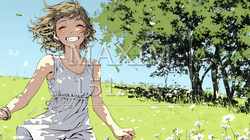 喜びにあふれ、軽やかにスキップする若い女性 | 8246021-16988