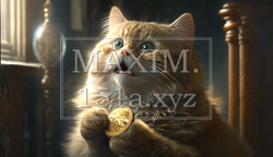 猫に小判：実は猫も小判をもらって大喜び。金ぴかの金貨を猫にプレゼント。喜びのあまり呆然としている。