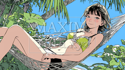 沖縄の青空の下、下着姿でハンモックで休んでいる若い女性 | 8263192-5580