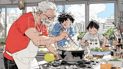 おじいさんが孫と一緒に料理を楽しそうに作っている | 8267834-8251