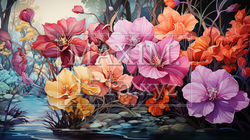南国の花々が咲き乱れる庭：水彩画｜8294379-8696