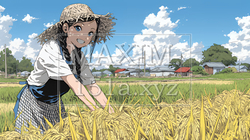 田んぼで農作業をしている女性 | 8284883-10570