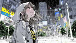 雨の中を歩く女性と都会のランドスケープ｜8298624-9228