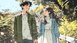 紅葉の公園でデートをしている若い男女のカップル｜8294768-11811