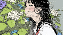アジサイと梅雨の長雨と若い女性｜