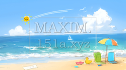 夏の青い空と青い海と白い雲のコントラスト（クレヨン＋水彩画風）