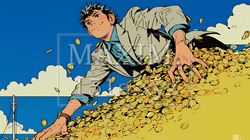 マネーゲームの勝者：金貨の山の登頂に挑み成功した姿で表現 | 8309992-7092