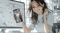 画面が激しく割れているスマートフォンを手にしているいる若い女性 | 8315870-8469