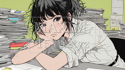 机にもたれ、散らばった書類に囲まれてため息をつく疲れた女性