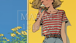 夏空の下でソフトクリーム（コーンに乗ったアイスクリーム）をたべる若い女性｜8458236-11366