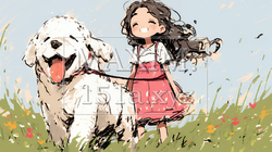 愛犬と散歩をしている女の子（クレヨン＋水彩画風）｜8028633-12861