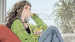 ポテトチップスをつまみながら、ひとりでビデオを観る若い女性 | 8374281-15890