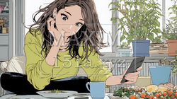 食事の最中もスマホを手放せない若い女性 | 8390280-12534