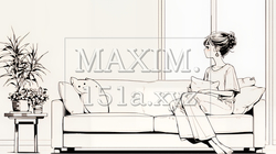 ソファでクッションを抱えてくつろぐ若い女性（シンプルな色使い） | 8410999-16790