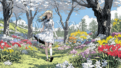 満開の春の花々と若い女性