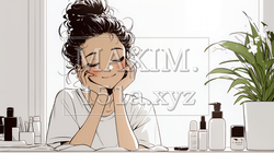 スキンケアを念入りに行う若い女性（シンプルな色使い） | 8423787-15928