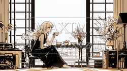 リビングで紅茶を飲んでいる女性（シンプルな色使い） | 8427064-11819