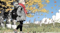 水辺の紅葉の小径を散策している若い女性