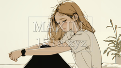 腹痛（生理痛）に苦しむ若い女性（シンプルな色使い）