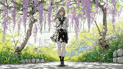 満開の藤の花の下を歩いている女子高生