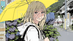 アジサイと梅雨の長雨と若い女性｜8564987-9297