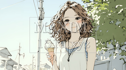 夏空の下でソフトクリーム（コーンに乗ったアイスクリーム）をたべる若い女性（シンプルな色使い）｜8765903-9934