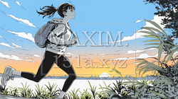 夕方の夕日を背景にジョギングをする若い女性