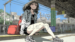 駅のホームで、なかなか来ない電車を待ちくたびれている若い女性