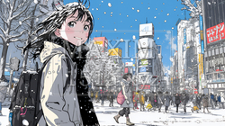 雪の積もる冬の都会を散策している若生女性