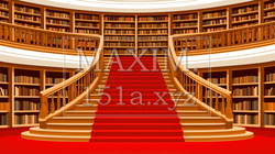 ゴージャスな図書館：赤いか絨毯と豪華な階段