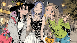 仲間とハロウィンイベントに参加する若い女性たち