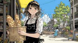 近所のパン屋で焼きたてパンを買う若い女性 | 8488758-16205