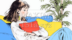 ソファでクッションを抱えてくつろぐ若い女性 | 84920-16750