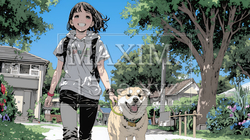 愛犬と散歩している若い女性｜8345674-10915