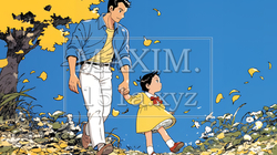 紅葉の小径を仲良く歩く少女と父親