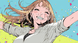 両手を広げて喜んでいる陽気な若い女性 | 8497814-8116