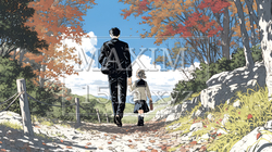 紅葉の小径を仲良く歩く少女と父親