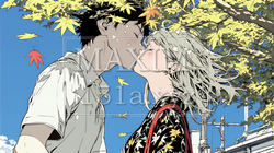 秋の紅葉の下でキスをしている若い恋人たち｜8517075-15650