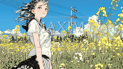 春風の中、菜の花畑にいる制服姿の女子高生