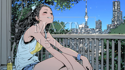 ベランダで夜風に当たりながら都会のランドスケープを眺め休む若い女性