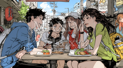 親しい仲間とファーストフード店で食事をしている若者たち｜8555035-7761