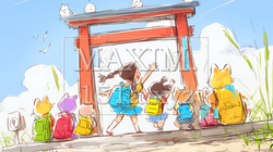 小学生の夏の思い出：みんなで近所の秘境を探検（クレヨン＋水彩画風）