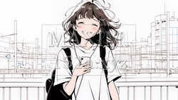 嬉しそうな表情でスマホを使っている女性（シンプルな色使い）