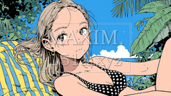 ビーチマット横たわるビキニを着た女性