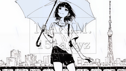 雨の日に傘をさして歩く若い女性（シンプルな色使い）｜8596680-9271