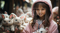 プレゼントをもらってうれしそうな女の子：バニーガール：たくさんのウサギのぬいぐるみに囲まれたアリス