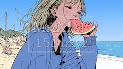 スイカを海辺て食べている若い女性
