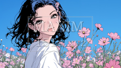 コスモス畑にいる若い女性