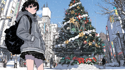 ホワイトクリスマスの街を歩く若い女性 | 8616522-6625